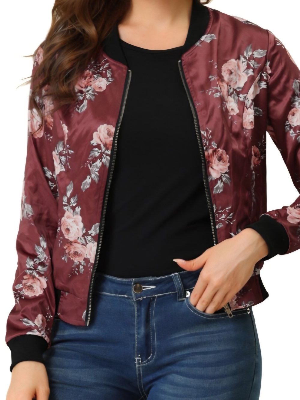 Allegra K Floral Satin Bomber Jacket - Wine Rose XS